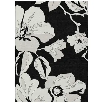 9' X 12' Black Gray And Silver Floral Washable Indoor Outdoor Area Rug