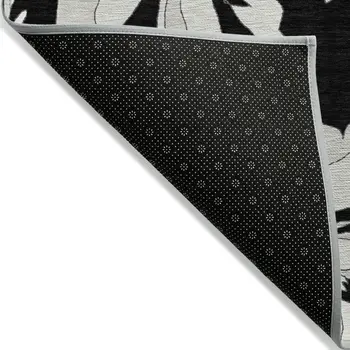 9' X 12' Black Gray And Silver Floral Washable Indoor Outdoor Area Rug