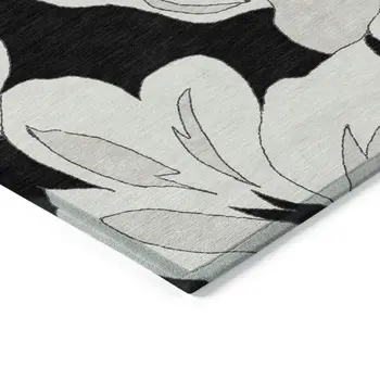 9' X 12' Black Gray And Silver Floral Washable Indoor Outdoor Area Rug