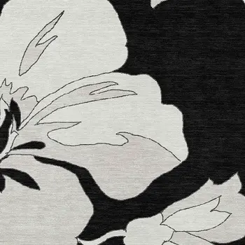 9' X 12' Black Gray And Silver Floral Washable Indoor Outdoor Area Rug