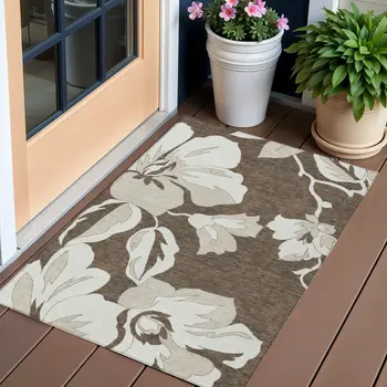 3' X 5' Brown Beige And Taupe Floral Washable Indoor Outdoor Area Rug