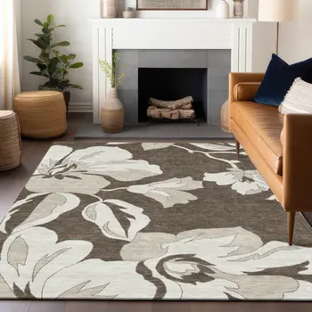 3' X 5' Brown Beige And Taupe Floral Washable Indoor Outdoor Area Rug