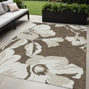 5' X 8' Brown Beige And Taupe Floral Washable Indoor Outdoor Area Rug