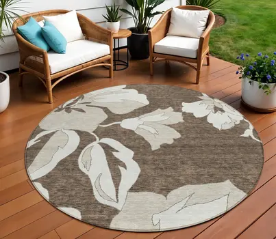 8' Brown Beige And Taupe Round Floral Washable Indoor Outdoor Area Rug