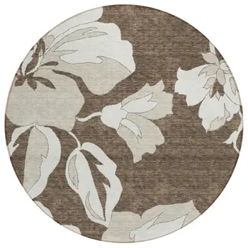 8' Brown Beige And Taupe Round Floral Washable Indoor Outdoor Area Rug