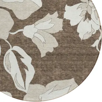 8' Brown Beige And Taupe Round Floral Washable Indoor Outdoor Area Rug