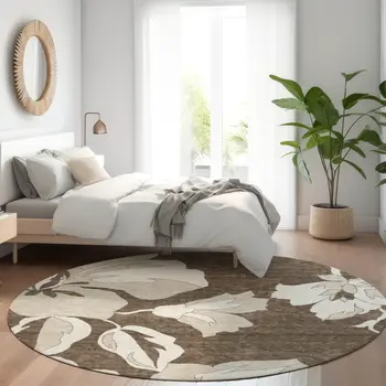 8' Brown Beige And Taupe Round Floral Washable Indoor Outdoor Area Rug