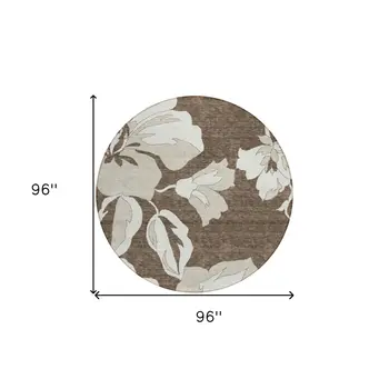 8' Brown Beige And Taupe Round Floral Washable Indoor Outdoor Area Rug