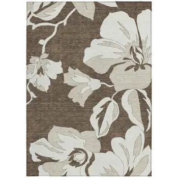 10' X 14' Brown Beige And Taupe Floral Washable Indoor Outdoor Area Rug