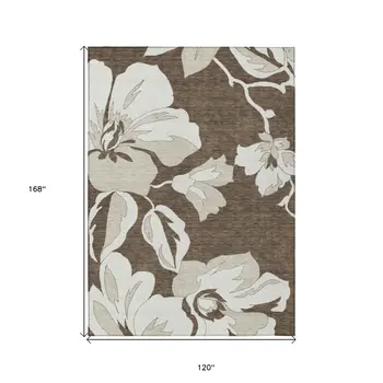 10' X 14' Brown Beige And Taupe Floral Washable Indoor Outdoor Area Rug