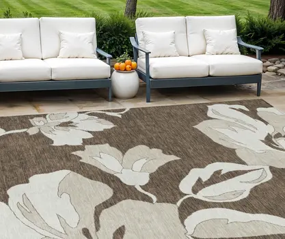 10' X 14' Brown Beige And Taupe Floral Washable Indoor Outdoor Area Rug