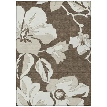 10' X 14' Brown Beige And Taupe Floral Washable Indoor Outdoor Area Rug