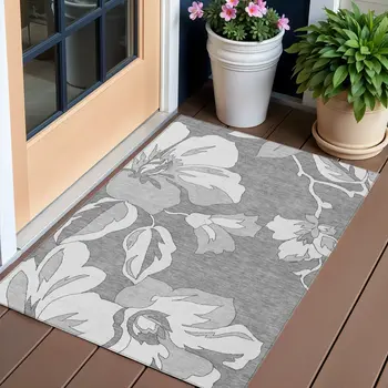 3' X 5' Gray And Silver Floral Washable Indoor Outdoor Area Rug