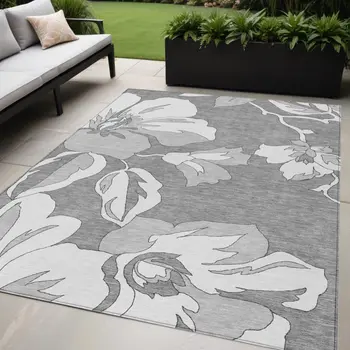 5' X 8' Gray And Silver Floral Washable Indoor Outdoor Area Rug