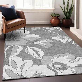 5' X 8' Gray And Silver Floral Washable Indoor Outdoor Area Rug