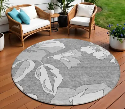 8' Gray And Silver Round Floral Washable Indoor Outdoor Area Rug