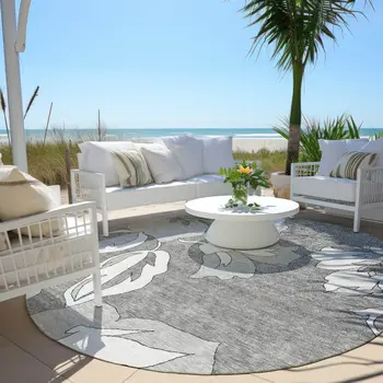 8' Gray And Silver Round Floral Washable Indoor Outdoor Area Rug