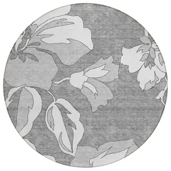 8' Gray And Silver Round Floral Washable Indoor Outdoor Area Rug