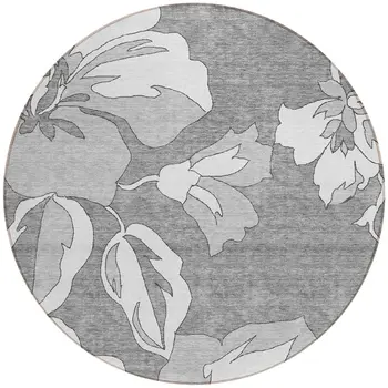 8' Gray And Silver Round Floral Washable Indoor Outdoor Area Rug