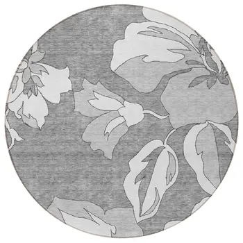 8' Gray And Silver Round Floral Washable Indoor Outdoor Area Rug
