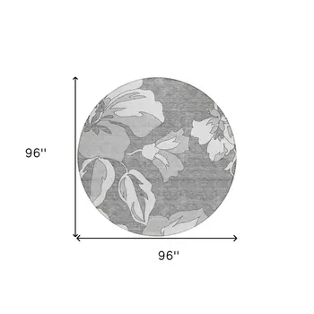 8' Gray And Silver Round Floral Washable Indoor Outdoor Area Rug