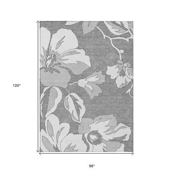 8' X 10' Gray And Silver Floral Washable Indoor Outdoor Area Rug