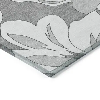 9' X 12' Gray And Silver Floral Washable Indoor Outdoor Area Rug