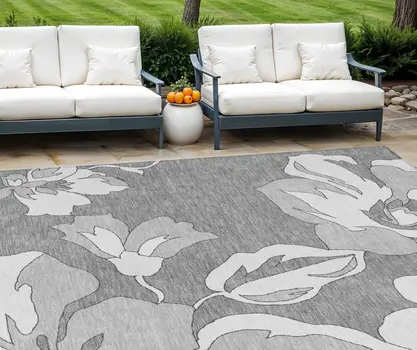 10' X 14' Gray And Silver Floral Washable Indoor Outdoor Area Rug