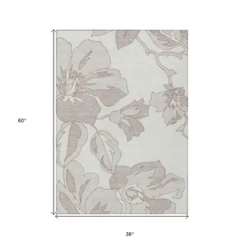 3' X 5' Ivory Beige And Taupe Floral Washable Indoor Outdoor Area Rug