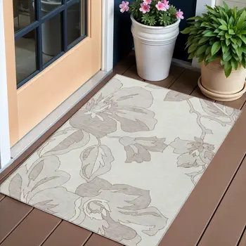 3' X 5' Ivory Beige And Taupe Floral Washable Indoor Outdoor Area Rug
