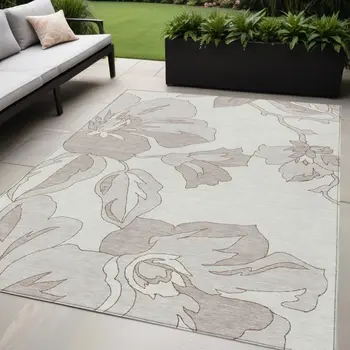 5' X 8' Ivory Beige And Taupe Floral Washable Indoor Outdoor Area Rug