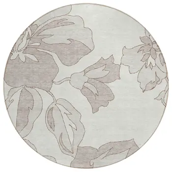 8' Ivory Beige And Taupe Round Floral Washable Indoor Outdoor Area Rug