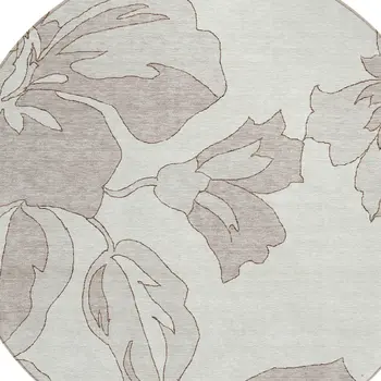 8' Ivory Beige And Taupe Round Floral Washable Indoor Outdoor Area Rug