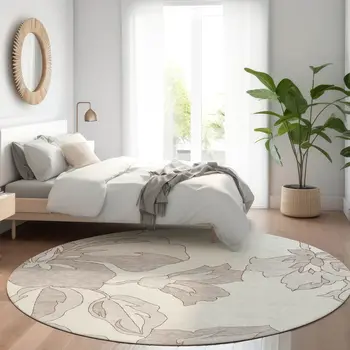 8' Ivory Beige And Taupe Round Floral Washable Indoor Outdoor Area Rug