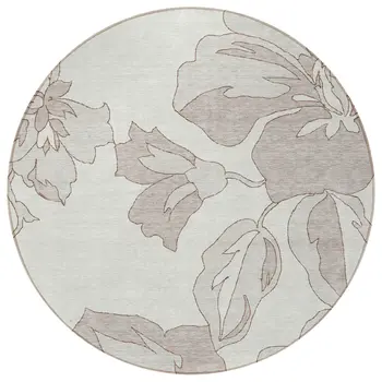 8' Ivory Beige And Taupe Round Floral Washable Indoor Outdoor Area Rug