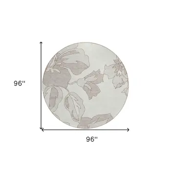 8' Ivory Beige And Taupe Round Floral Washable Indoor Outdoor Area Rug