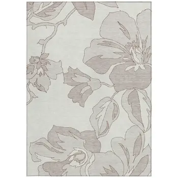 8' X 10' Ivory Beige And Taupe Floral Washable Indoor Outdoor Area Rug