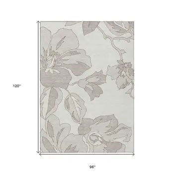 8' X 10' Ivory Beige And Taupe Floral Washable Indoor Outdoor Area Rug