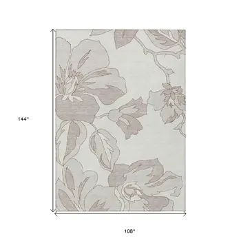 9' X 12' Ivory Beige And Taupe Floral Washable Indoor Outdoor Area Rug