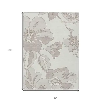 10' X 14' Ivory Beige And Taupe Floral Washable Indoor Outdoor Area Rug