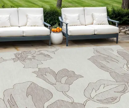 10' X 14' Ivory Beige And Taupe Floral Washable Indoor Outdoor Area Rug