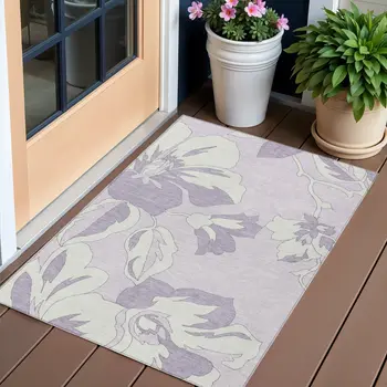 3' X 5' Lavender Lilac And Ivory Floral Washable Indoor Outdoor Area Rug