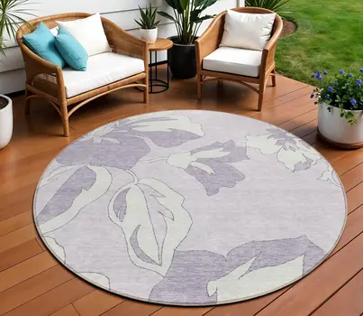 8' Lavender Lilac And Ivory Round Floral Washable Indoor Outdoor Area Rug