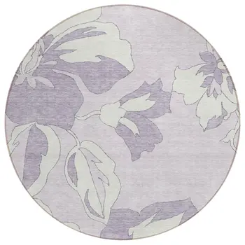 8' Lavender Lilac And Ivory Round Floral Washable Indoor Outdoor Area Rug