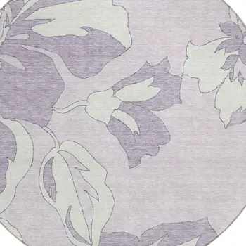 8' Lavender Lilac And Ivory Round Floral Washable Indoor Outdoor Area Rug