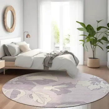 8' Lavender Lilac And Ivory Round Floral Washable Indoor Outdoor Area Rug