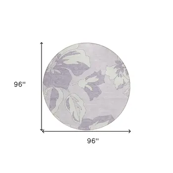 8' Lavender Lilac And Ivory Round Floral Washable Indoor Outdoor Area Rug