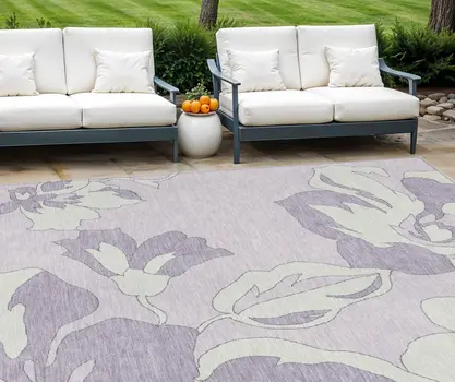 8' X 10' Lavender Lilac And Ivory Floral Washable Indoor Outdoor Area Rug