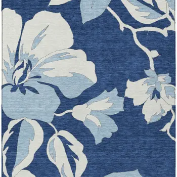 3' X 5' Navy Blue Denim Blue And Ivory Floral Washable Indoor Outdoor Area Rug