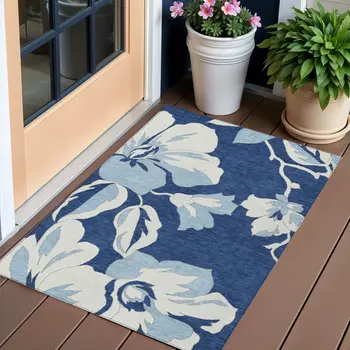 3' X 5' Navy Blue Denim Blue And Ivory Floral Washable Indoor Outdoor Area Rug